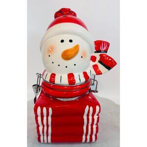 Cookie Jar Holiday Christmas Canister Snowman Hat & Scarf Ceramic Airtight Seal
